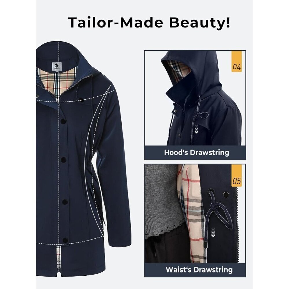 🆕Women's Navy Blue Waterproof Long Raincoat Windbreaker Jacket with Hood - Picture 6 of 7